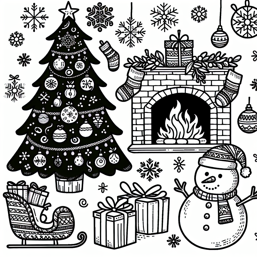 Create a black and white coloring page intended for a 7-year-old. The page should feature various Christmas elements including a Christmas tree with ornaments, a sleigh filled with gifts, snowflakes floating in the air, stockings hung by an imaginary fireplace, and a snowman wearing a scarf and hat. Everything should be simple and clear, perfect for young kids to color, fully embracing the festive spirit of Christmas.