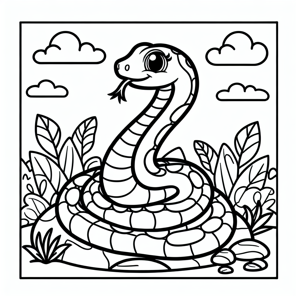 Imagine an image fit for a coloring book intended for a 7 year old child. The page should be in black and white, showcasing a playful image of a snake. The snake could be elegantly curled up, maybe with its tongue sticking out. The area surrounding the slithering creature could also have scenery such as rocks or leaves to complete the picture. Remember, this image has to be suitable for coloring, so the outlines should be bold and clear, with areas easy to color within the lines.