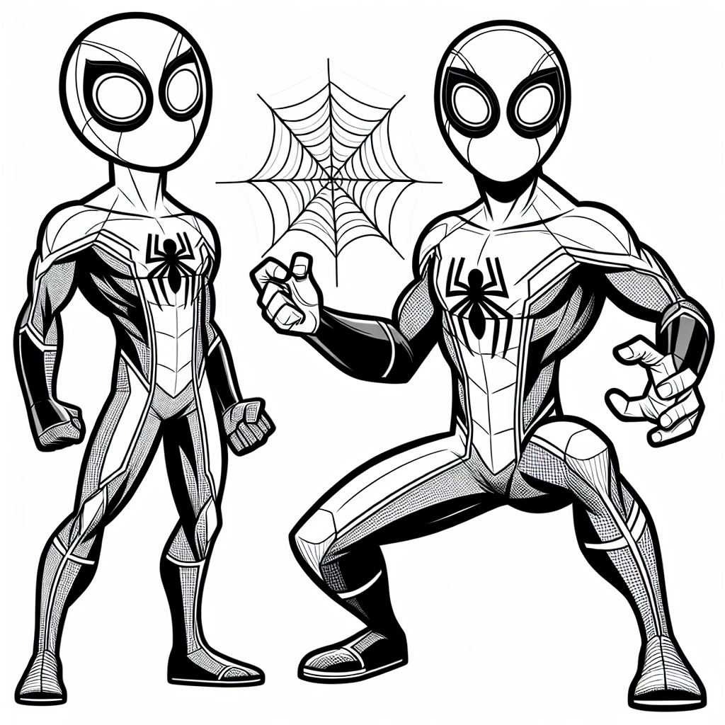 A basic black and white coloring book page for a 7 year old: Imagine a super-hero with special abilities. This character is human-like, athletic, wearing a close-fitting costume marked with a motif that symbolizes a spider but is not copying any known character. The costume has a mask with large, rounded eyes, and their hands look like they're preparing to shoot spiderwebs. They stand in an action pose ready to leap into action. Please keep this image simple, fun, and engaging for a child of seven to color.