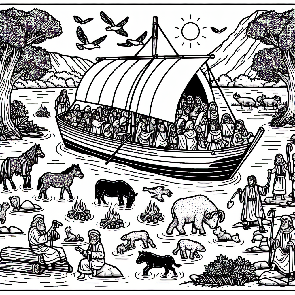 Create a black and white, child-friendly coloring page appropriate for a seven-year-old, featuring various scenes from traditional, non-specific biblical stories. The page should include scenes such as people gathering around a campfire, or animals being loaded onto a large wooden boat, maintaining a consistent theme throughout the page.