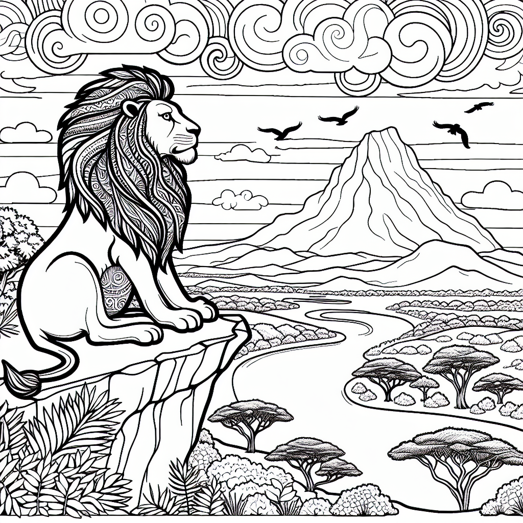 Draw a black and white coloring page suitable for a 7-year-old. It should feature a majestic lion sitting on a cliff, overlooking a vast sweeping landscape that includes a river, acacia trees, and a mountain range in the horizon. Remember to leave lots of space for creativity, adding a variety of elements - birds in the sky, swirling clouds, and detailed patterns across the lion's mane. Don't forget to simplify the details to make it easy for a child to color.