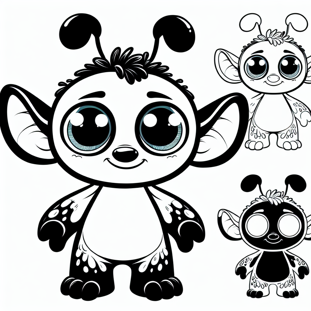 Please create a black and white colouring page suitable for a 7-year-old, featuring a unique fun and friendly alien with oversized round ears, interestingly big eyes, a small body, short arms and legs, and an adorable, mischievous grin. This alien is also known for its distinctive blue fur which is not coloured in this page, allowing children to fill in the colours themselves.