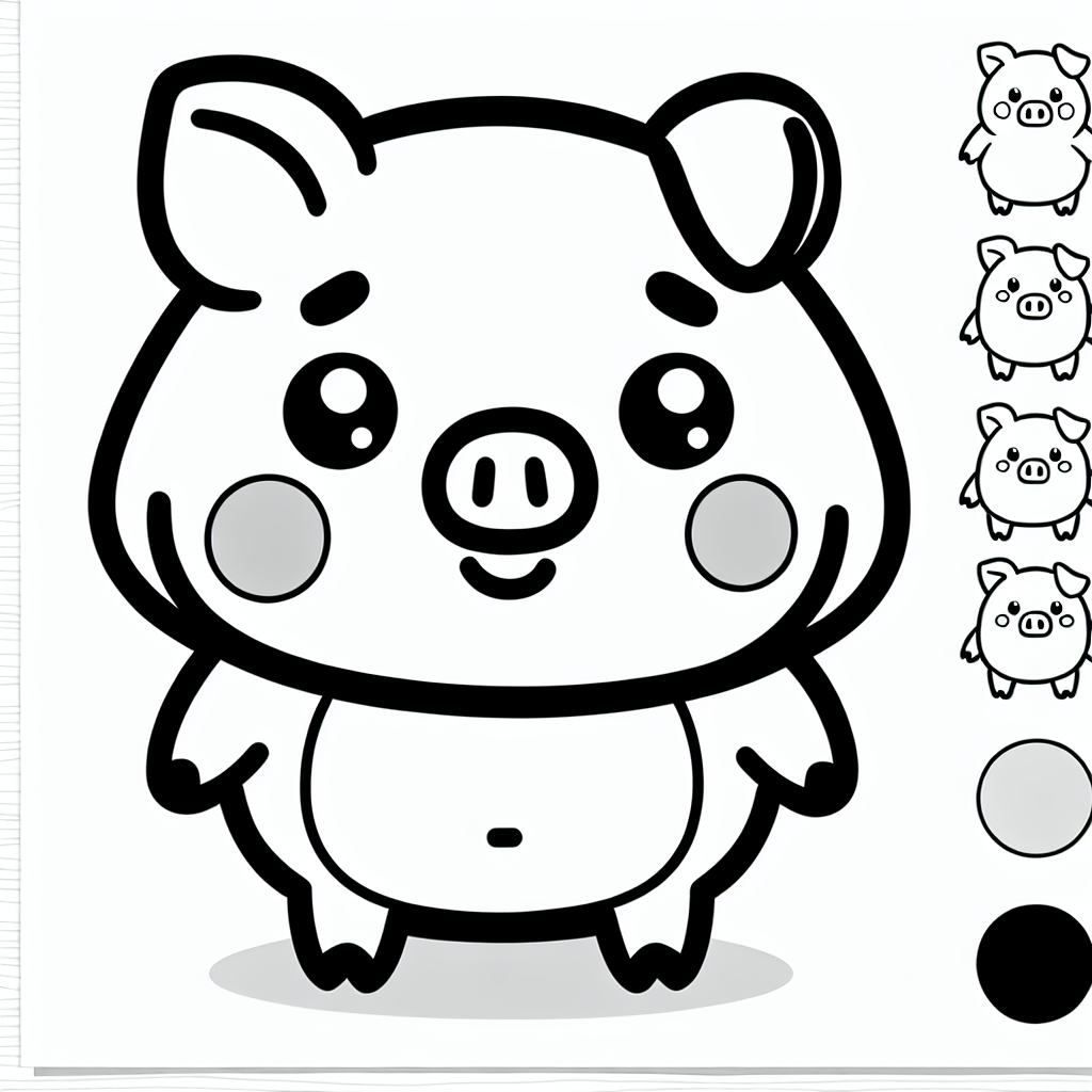 Create a black and white coloring book page for a 7-year-old. The page should contain a friendly cartoon pig with a rounded body, short legs, and a big round head with small circular eyes, a triangle nose, and floppy ears. Please ensure the design is simple and suitable for a child to color.