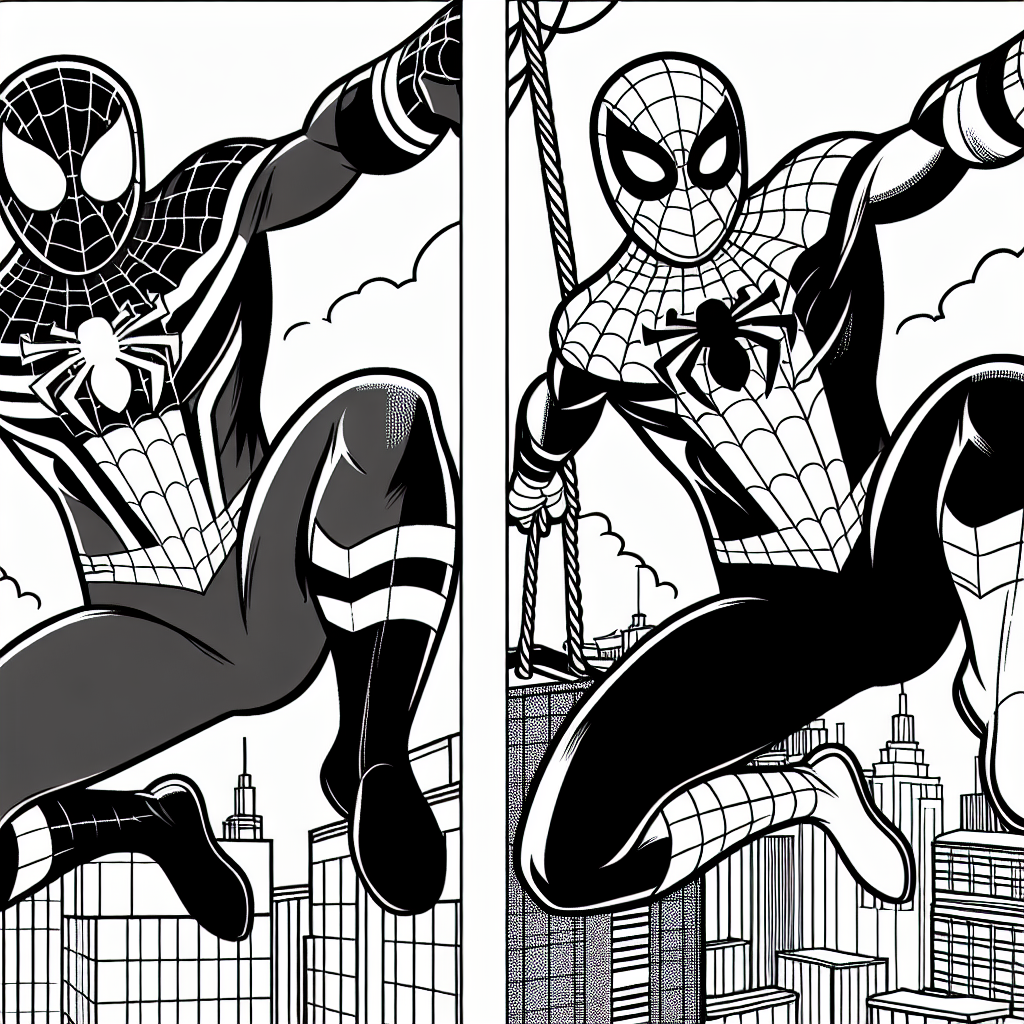 Create a black and white coloring page for a 7-year-old child. The image to be drawn should illustrate a friendly superhero wearing a full body costume. The costume features a web pattern and the superhero is seen in dynamic poses such as swinging from skyscrapers or crouching in a spider-like manner. Please refrain from using commercial superhero identities or logos.