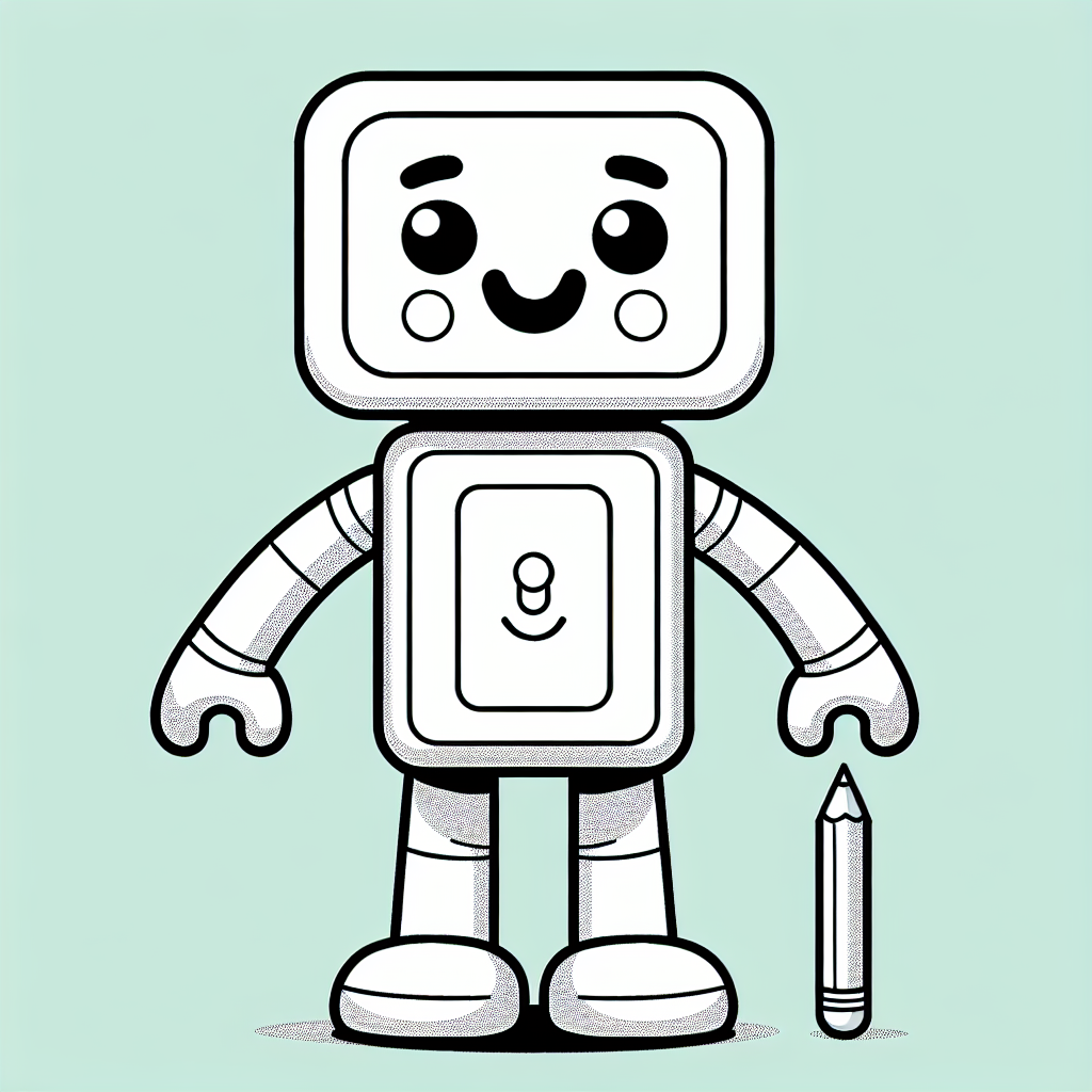 Generate a black and white coloring page suitable for a 7 year old which features a tall toy character with a playful look. The character should have a huggable and a friendly, inviting appearance, characterized with pronounced smiling face, long arms for cuddling, and standing on two legs.