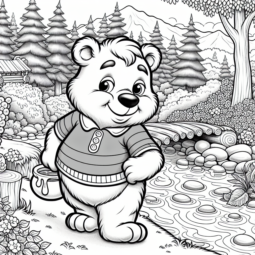 A black and white coloring page designed for a 7-year-old, featuring a friendly, chubby, anthropomorphic bear. The bear is wearing a red short-sleeve shirt and is holding a honey pot. He is situated in a picturesque setting, surrounded by tall trees and lush bushes. Include a flowing brook and a log bridge in the background. Remember, the bear should be innocently mischievous and lovable, very similar to classic storybook characters.