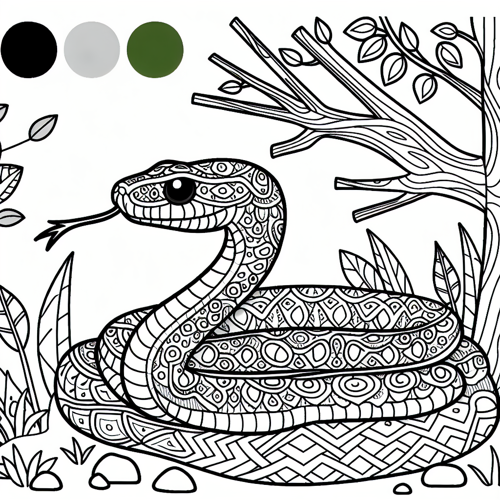 Create a basic black and white coloring book page suitable for a 7-year-old child. The page should feature a detailed and playful depiction of a snake. The snake should be visually interesting with intricate patterns that would be fun to color. The background can have elements of the snake's natural habitat such as tree branches, rocks, or grass. Please ensure the image is devoid of colors to facilitate the coloring activity.