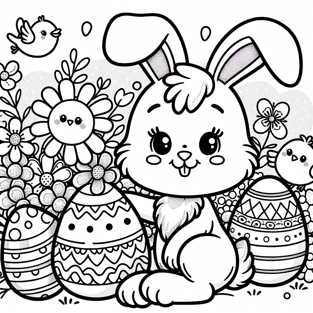 Design a simple, kid-friendly black and white coloring page suitable for a 7-year-old child. The scene should depict a jovial Easter bunny in an Easter-themed setting with various Easter eggs, cute chicks, and spring flowers. The Easter Bunny should look friendly with large eyes, long ears, and a fluffy tail. Easter eggs should be intricately designed with different patterns, and the spring flowers and cute chicks should be detailed for the child's enjoyment in coloring.