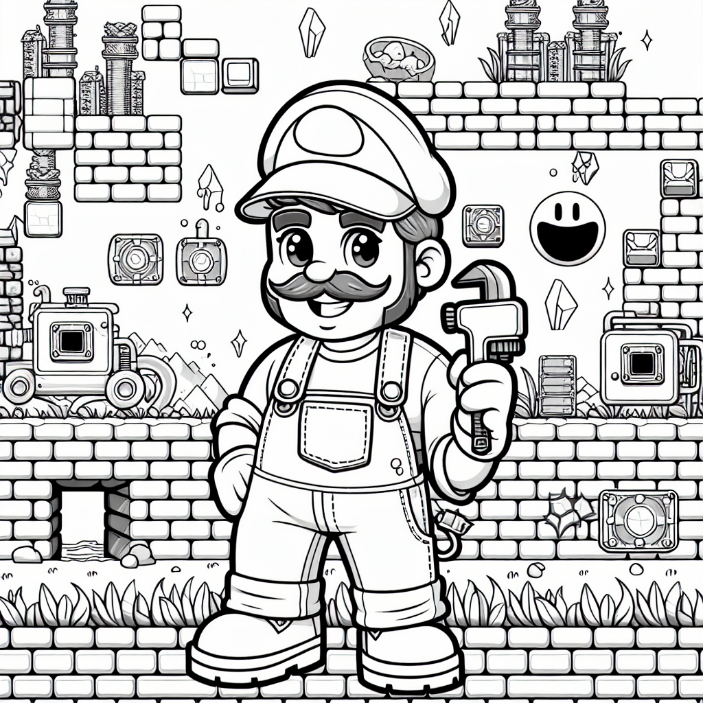 Create a black and white coloring page suitable for a 7 year old, featuring a humorous plumber character in overalls and a cap, set in a fantasy world filled with various platforms, bricks and power-up items. The plumber character should not be representative of any copyrighted character and should have a unique and distinctive look.