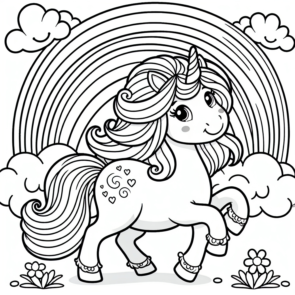 Create a black and white coloring page designed for a 7-year-old, featuring a playful and magical unicorn trotting under a rainbow. The picture should be simple and child-friendly with thick outlines, allowing young children to color within the lines easily. Let the unicorn appear cheerful with a spiraling horn and flowing mane. The rainbow in the background should have clear segments for each color of the spectrum. The context should have some fluffy clouds, flowers on the ground and possibly a small castle in the distance as additional elements to color in.