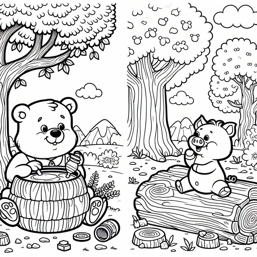 A basic black and white coloring book page suitable for a 7-year-old, showing a friendly bear who is sitting and enjoying a pot of honey under a large tree. The bear should have a slightly rotund body, a small shirt and no pants. Next to the bear, place a small, energetic piglet who is happily jumping around. Fill the surroundings with simplistic versions of woodland elements like trees, bushes, and carved out logs. Create all outlines with bold, defined edges for easy coloring by children. Excluding any directly referenced or named copyrighted characters.