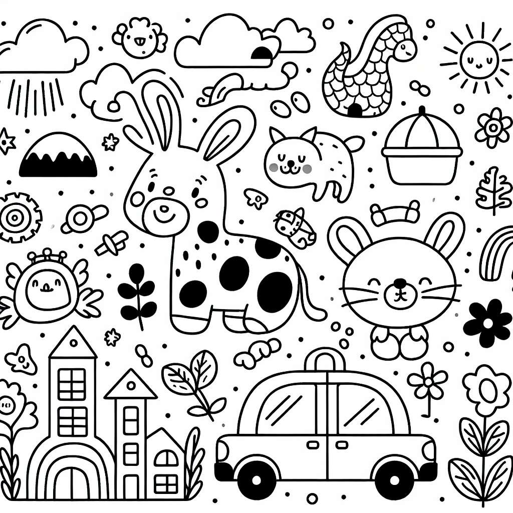 Design a simple black and white coloring book page tailored for a 7-year-old child. The page should offer engaging, age-appropriate shapes or themes that will captivate a child's imagination and creativity. It might include elements such as animals, cars, cartoon characters, plants, and buildings, all simplified and outlined for easy coloring.