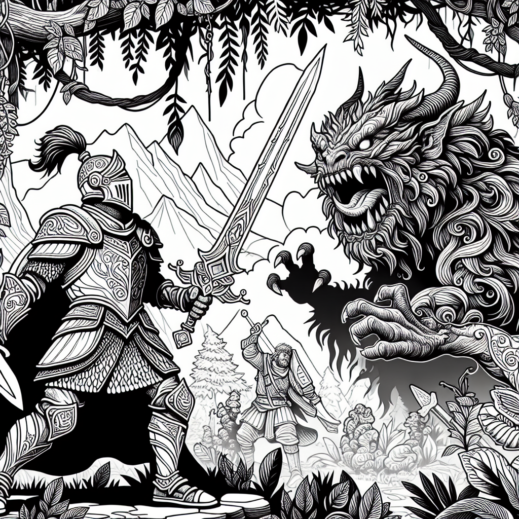 Create a black and white coloring page suitable for a 7-year-old, featuring a brave knight fearlessly facing an intimidating creature in a mystical forest setting. The image composition should inspire creativity and imagination where the knight, armed with a grand sword, and the creature, with menacing features, should have intricate designs for coloring.