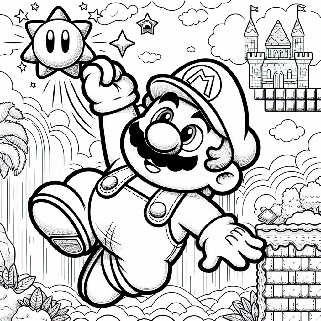 Create a black and white coloring book page suitable for a 7 year old, featuring a cartoon plumber in overalls. He is short and stout, with a large moustache. He is seen leaping into the air, attempting to catch a golden star coin that is out of reach. In the background, we can see impression of a castle and a few floating platforms, implying a whimsical and adventurous game setting.