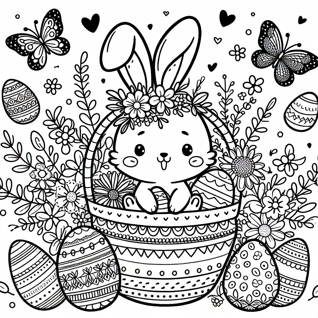 Design a simple black and white coloring page suited for a 7 year old. The main theme should be the Easter holiday. Impressively, the central figure should be a playful Easter Bunny, adorning an elaborately decorated egg-filled basket. Around the bunny, there should be scattered decorative elements such as small eggs, flowers and springtime motifs. The level of detail should be moderate to encourage the young colorist's creativity, but not overwhelming so as to remain age-appropriate.