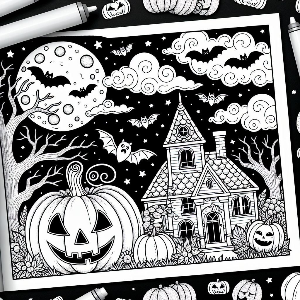 A black and white coloring book page suitable for a 7-year-old. The page contains classic elements of Halloween including a spooky pumpkin, a haunted house, bats, and a full moon. The design should be simple enough for a young child to color, with well-defined shapes and lines.