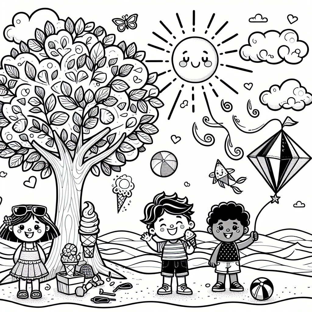 Imagine a black and white coloring book page suitable for a 7-year-old child. Visualize a summer theme. In the center, draw a bright sun, high up in a sky populated by fluffy clouds. On the ground, there's a flourishing tree with plenty of leaves. Nearby is a cheerful little girl, a Hispanic child, with short hair holding a dripping ice-cream cone. Nearby, a middle-eastern boy is flying a diamond-shaped kite. On the far right side, picture a vast ocean with waves gently lapping onto the sandy beach. Feel free to populate the scene with other typical summer elements such as beach balls, sunglasses, and sun hats.