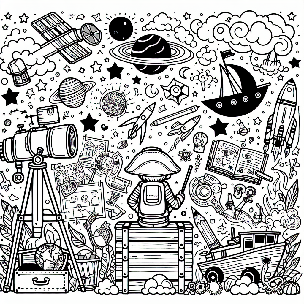 Generate a black and white coloring book page suitable for a 7-year-old boy. The theme of the page should be adventurous and fun, featuring explorative, non-gender-stereotypical activities such as treasure hunting, astronomy, or cooking. Aim for a balance between complexity and simplicity in the design allowing kids to exercise their creativity.