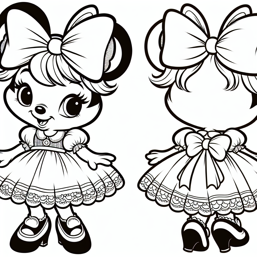 A black and white coloring page suitable for a 7-year-old. It features a charming cartoon mouse character in a vintage dress with a large bow on the back. She is also wearing shoes with a small heel and has a large bow on her head. Please note that this does not depict any copyrighted characters like Minnie Mouse, but a unique and fun character for kids to colour in.