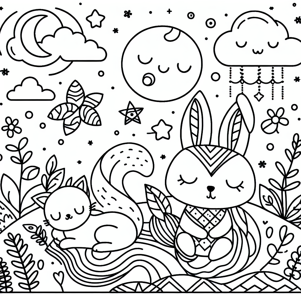 Generate a black and white coloring page suitable for a 7-year-old. The design should feature simple elements such as cute animals, shapes, or scenery that would be engaging for that age group. Please keep the lines clear and thick enough for children to color in easily. Peaceful and calm themes are preferred for this coloring page to provide a fun and relaxing activity.