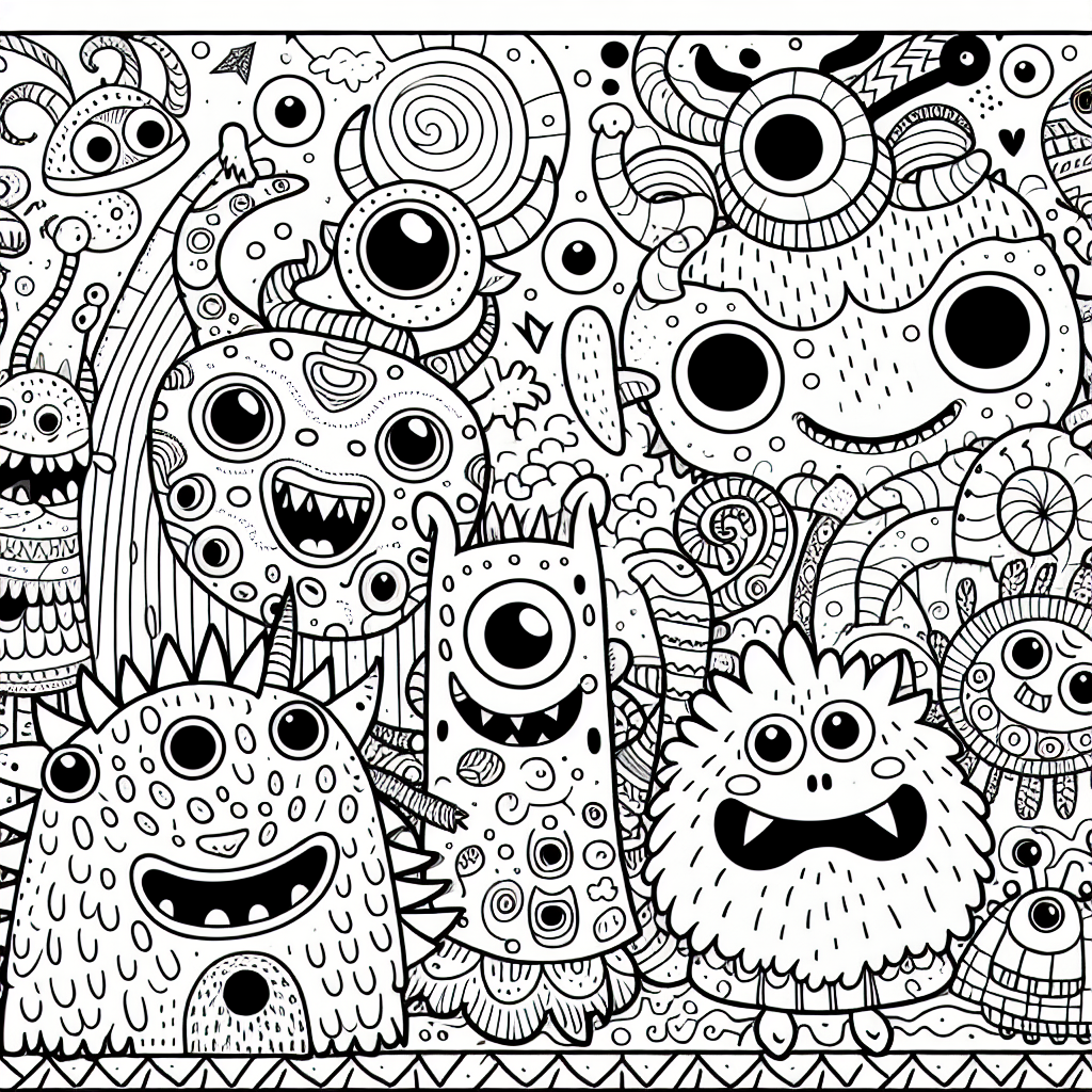 Create a black and white coloring book page, suitable for a 7-year-old child. The theme should be friendly monsters, featuring a variety of whimsical, fantasy creatures. The monsters should be cartoonish and child-friendly, not intimidating. The page should have plenty of imaginative details for a child to color, such as unique patterns on the monsters, different textures, and a detailed background setting. However, the outlines should be clear and bold for easy coloring. As it's a coloring page, the illustration must be exclusively in black and white.