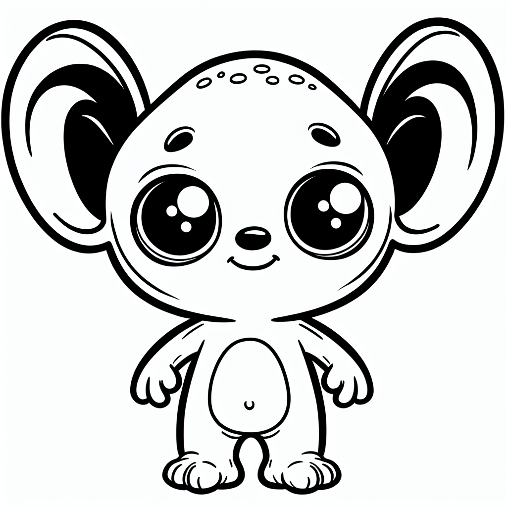 Create a black and white coloring page suitable for a 7-year-old. The page should feature an adorable extraterrestrial creature, who is short, with large floppy ears, round eyes, and four arms. The creature should be cheerful and playful.