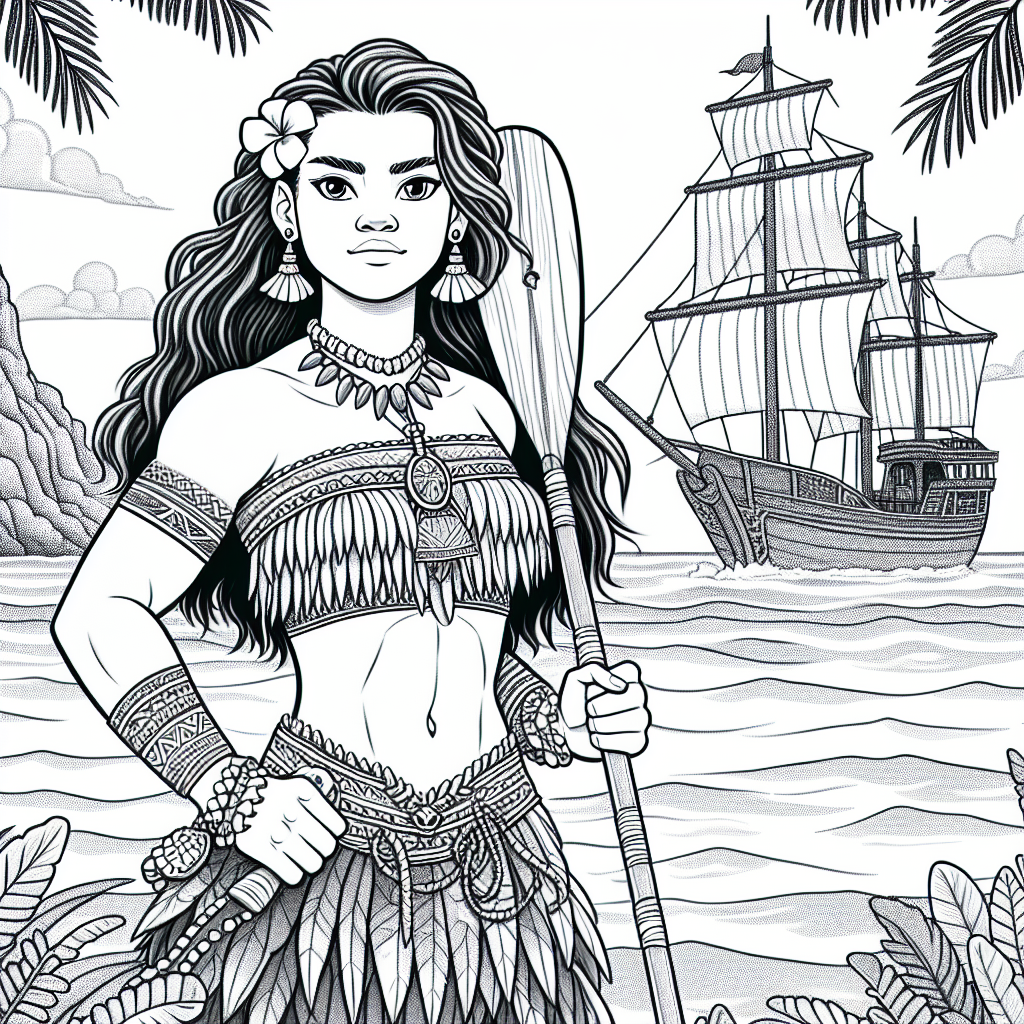 Create a black and white coloring page suitable for a 7-year-old, featuring a strong, courageous female protagonist from a tropical island. She is adorned in Polynesian-inspired attire and jewellery, and holds a paddle in her hand, standing next to the ocean with a high sailing vessel behind her.