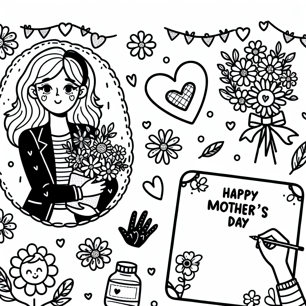 Design a black and white coloring page suitable for a 7-year-old kid. This page should express the theme of Mother's Day and include elements such as a Caucasian female parent figure, a heart symbol, a child's hand drawing or writing something, flowers, and maybe a nice greeting message written in kid-friendly fonts. Ensure that the page has well-defined outlines and areas that can be filled with color later.