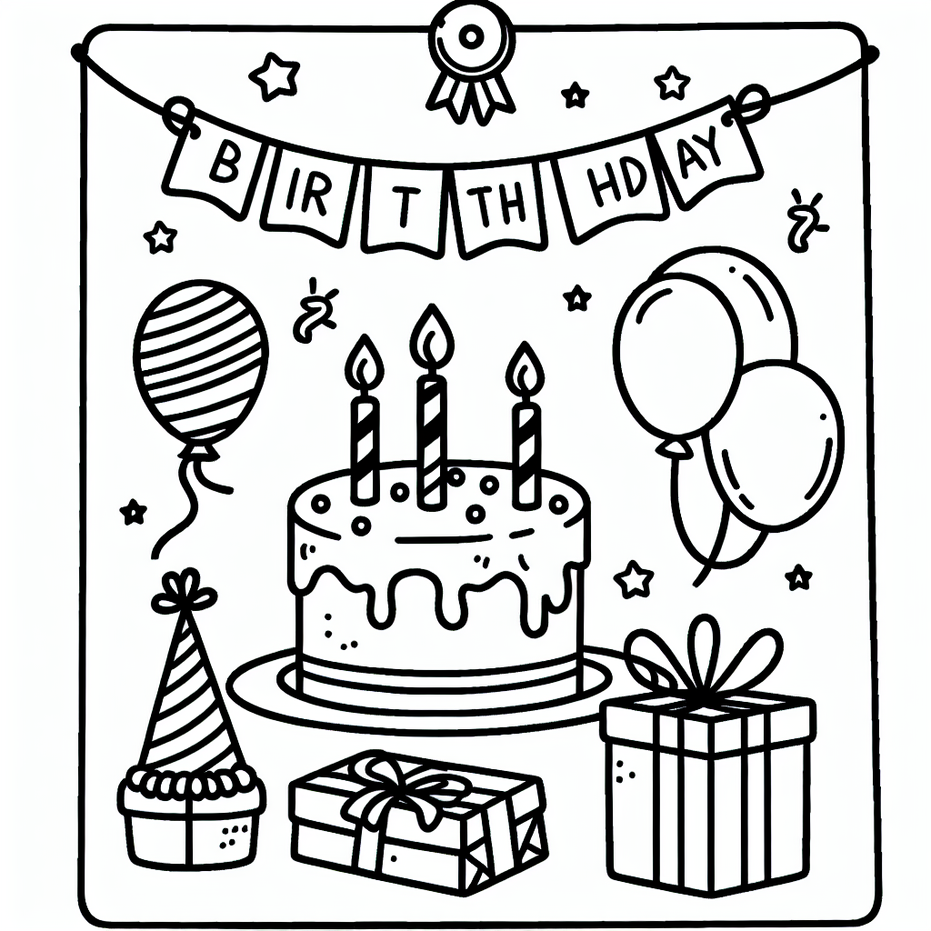 A simple and age-appropriate black and white coloring book page designed for a 7-year-old. The theme of the page is a birthday celebration. It should include elements such as a birthday cake with candles, party hats, balloons, presents, and a birthday banner. Everything should be outlined clearly for easy coloring.