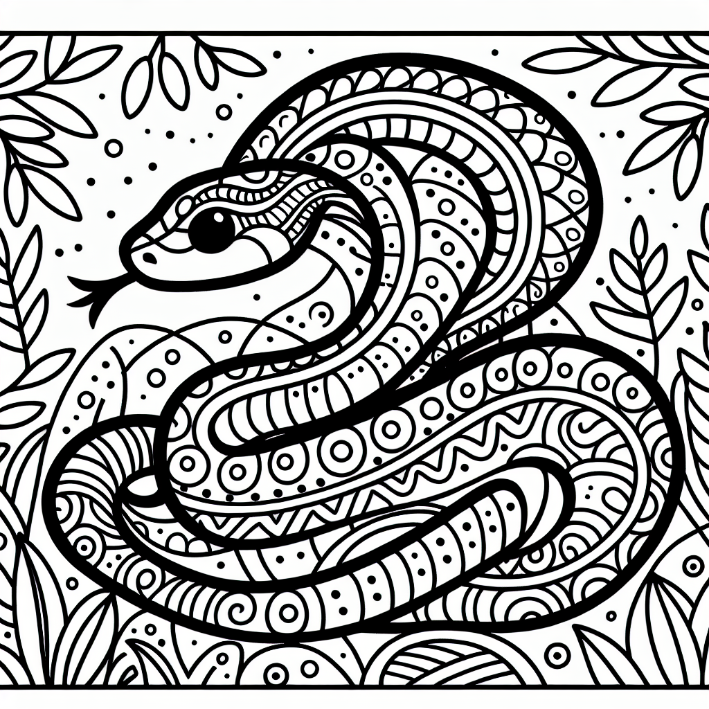 A simplistic yet engaging black and white coloring book page designed for a 7-year-old. The main feature of the page is a curvy and intricate snake design, ready to be colored in. The snake should be positioned in a creative way to stimulate the child's imagination and coloring skill. The background should consist of a natural habitat such as a jungle or a desert. The overall design should be fun, age-appropriate, and provide room for creativity so the child can experiment with their own color choices.