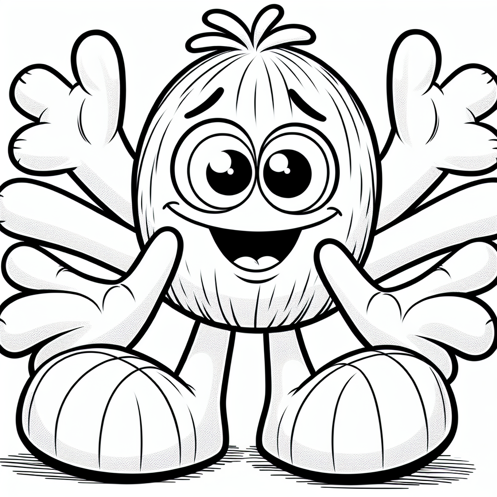 Create a black and white coloring page suitable for a 7 year old. The page should feature an adorable and friendly plush toy with oversized hands and feet, characterized by long, exaggerated hug-like arms and a wide, friendly grin. Please avoid trademarks or copyrighted images in your output, focusing instead on unique elements that would engage a child's creativity.