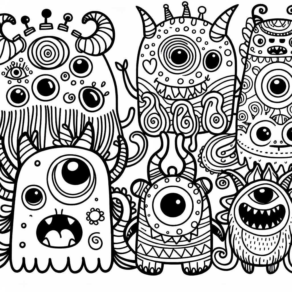 Design a black and white coloring page suitable for a 7-year-old. The focus should be on whimsically styled monsters, ensuring their features are simple enough for children to color yet intricate enough to keep them engaged and entertained.