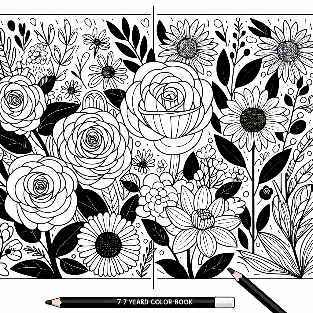 Design a black and white coloring book page for a 7 year old. The page should contain a display of different types of flowers such as roses, tulips, and sunflowers. The details should be simple and engaging, suitable for a young child's coloring exercise. Make sure the outlines are bold and clear so they can be easily colored inside. The page should inspire creativity and bring joy to a child's playtime.