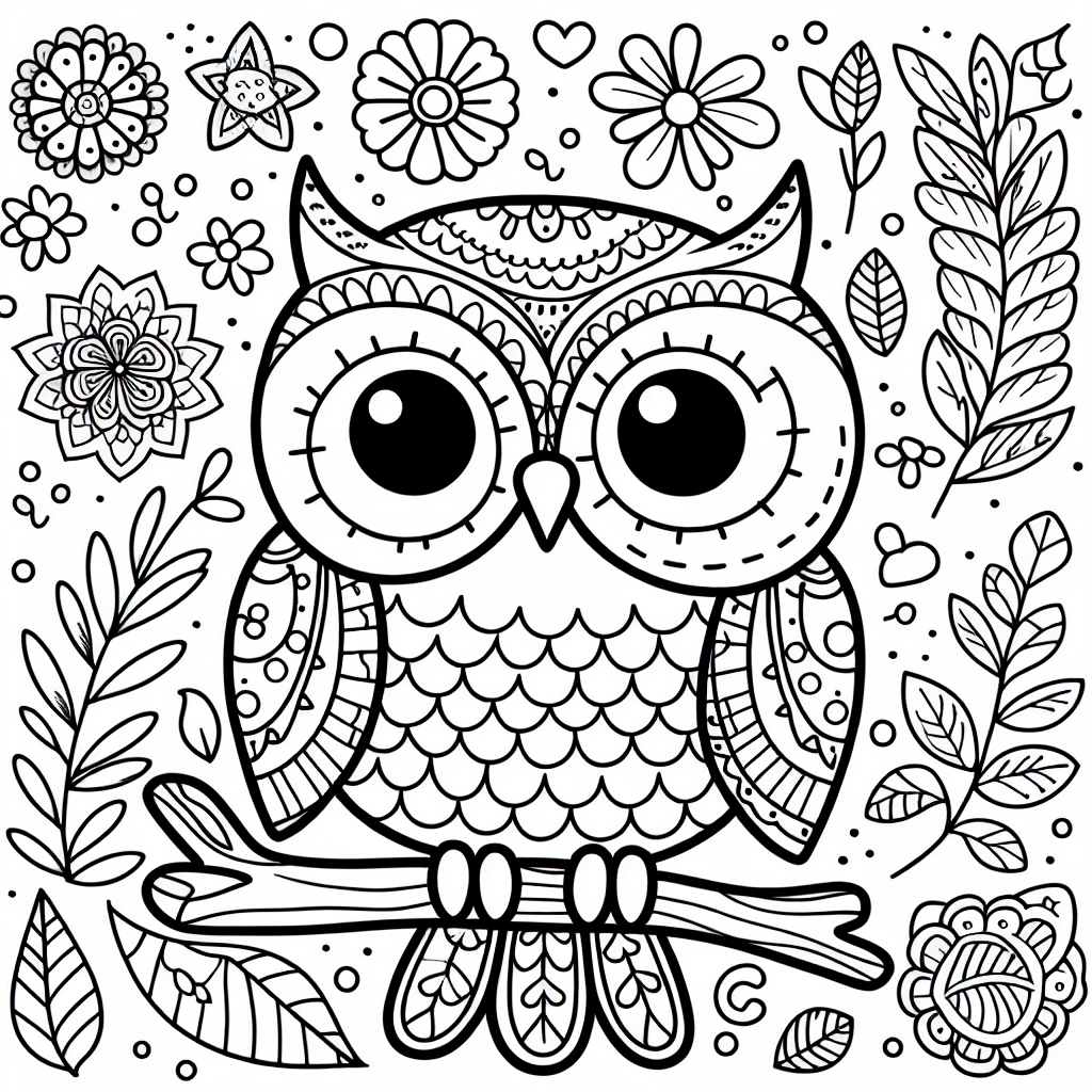 Create a simple, black and white coloring page suitable for a 7-year-old child. The primary subject should be a charming owl, with detailed and engaging features encouraging kids to color and expand their imaginations.