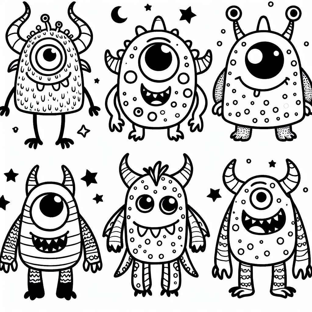 Please generate a black and white coloring book page suitable for a 7-year-old child. It should depict friendly and imaginative monsters. The monsters should be drawn with a line art style, which would allow children to fill in the colors to their liking.