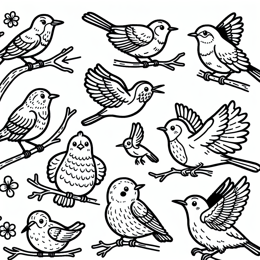 Create a black and white coloring page suitable for a 7-year-old child that features various birds. This page should have a simple design, including various types of birds like robins, sparrows, and hummingbirds, while leaving ample space for coloring. The birds should be depicted doing things typical for their kind, like flying, sitting on branches, and chirping in an engaging and child-friendly manner.