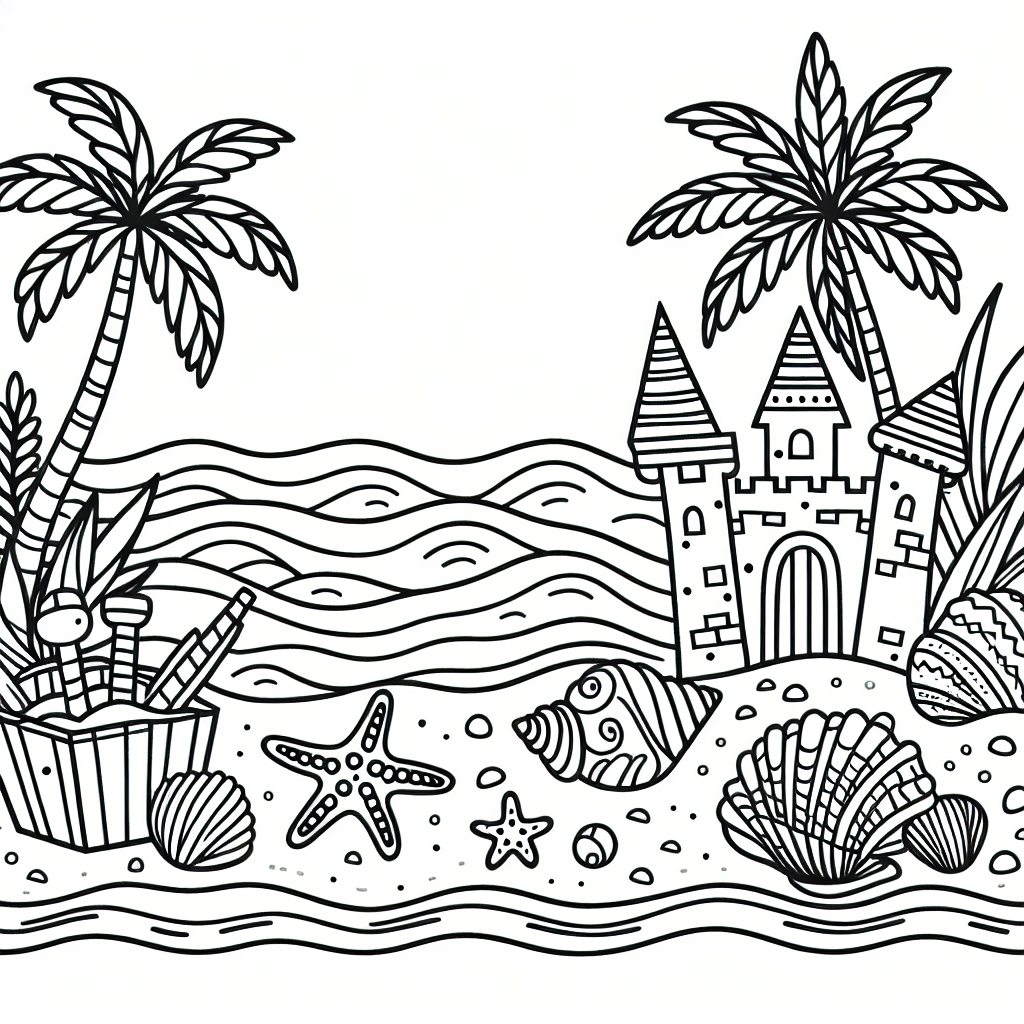 Design a black and white coloring book page suitable for a 7-year-old child. The theme should be a beach scene. Please include elements such as palm trees, sand castles, seashells, and ocean waves. Keep the lines simple and clear to allow for easy coloring.