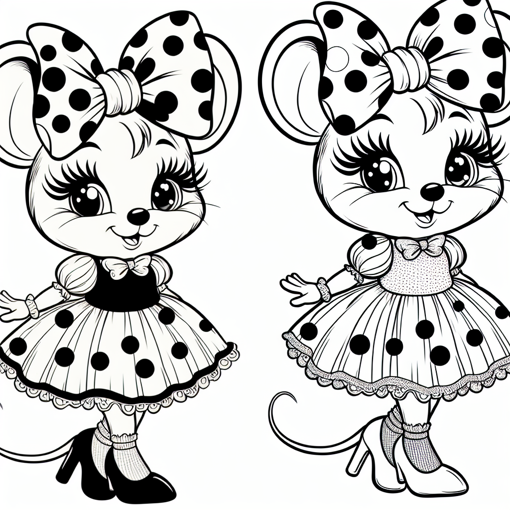 Create a black and white coloring page suitable for a 7-year-old child, featuring a cheerfully dressed female mouse with unique, large polka dot bow tied on her head and exaggerated eyelashes. Don't forget the short puffy dress, matching oversized shoes and white gloves. The page should have a look of innocence and mirth on the mouse's face.