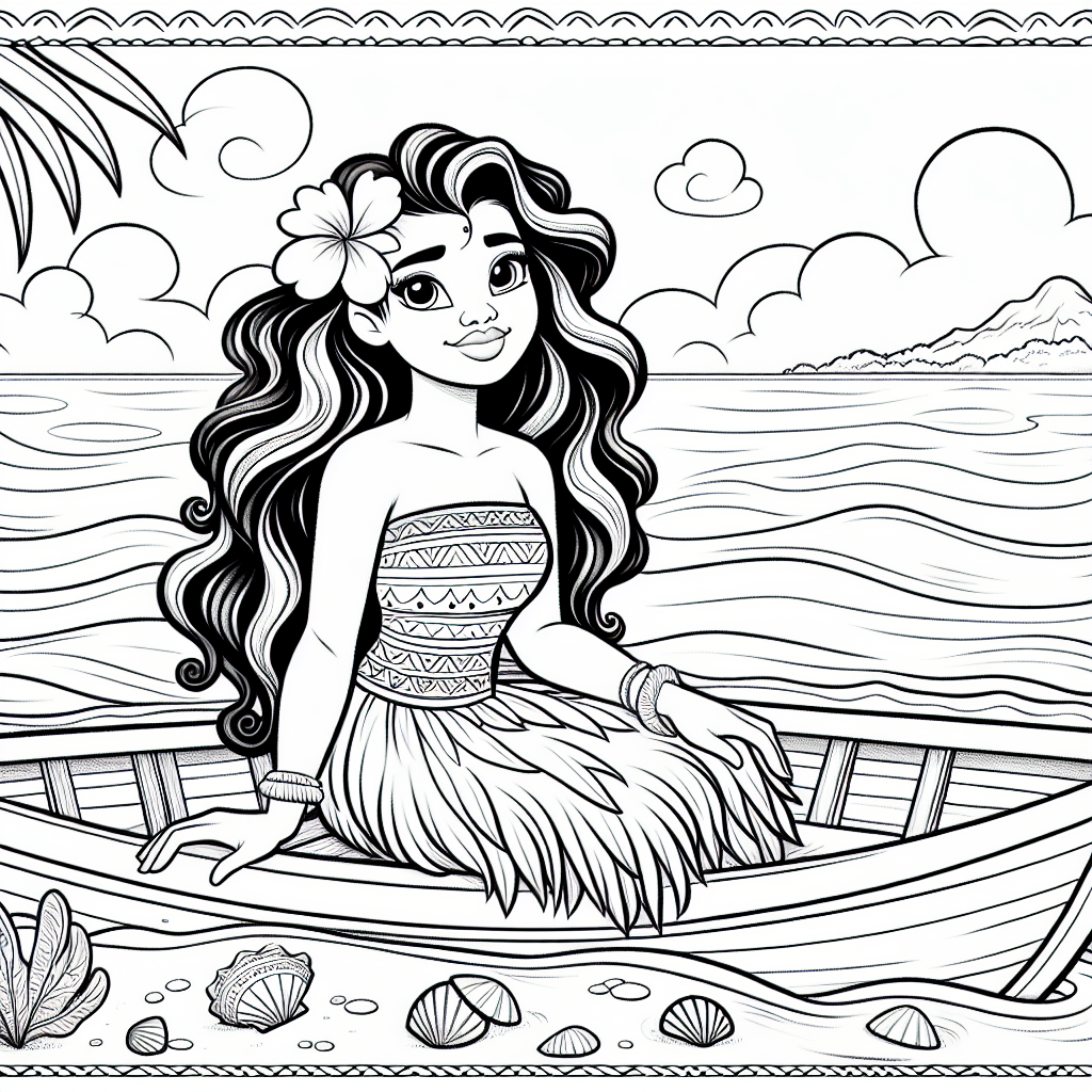 Create a black and white coloring page suitable for a 7-year-old child, featuring a young Polynesian character who is known to be courageous and loves the ocean. She is wearing a traditional Polynesian dress and has long, wavy hair. She's on a small boat, with calm waves surrounding her and clear skies above. There are seashells and starfish in the sand nearby.