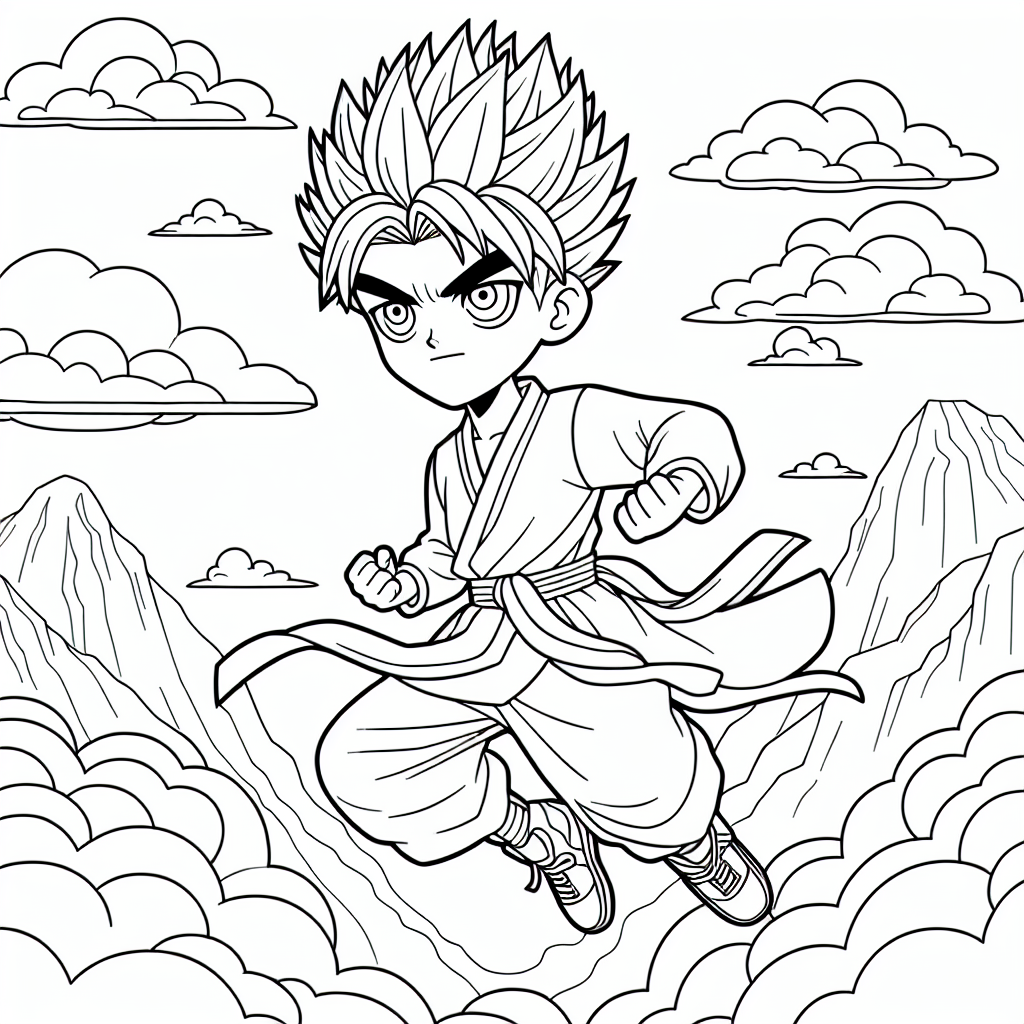 Create a black and white coloring page suited for a 7-year-old. The page should feature an energetic character with distinct spiky hair who is known for martial arts skills. He could be flying in the sky with background of fluffy clouds and majestic mountains. He also typically wears a loose-fitting martial arts uniform.