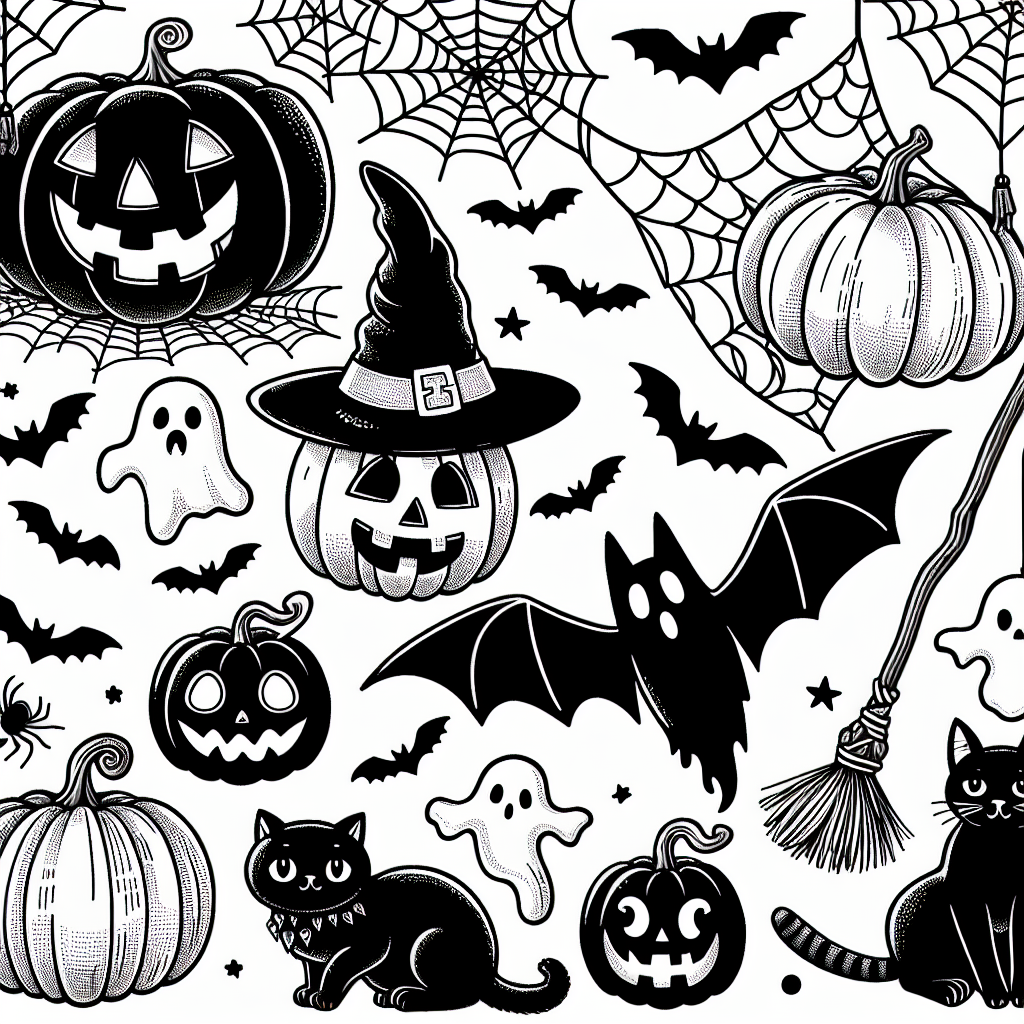 Create a black and white, Halloween-themed coloring page suitable for a 7-year old. The image should be simple and kid-friendly, showcasing traditional Halloween elements such as carved pumpkins, bats, harmless witches, ghosts, cute black cats, and spider webs.