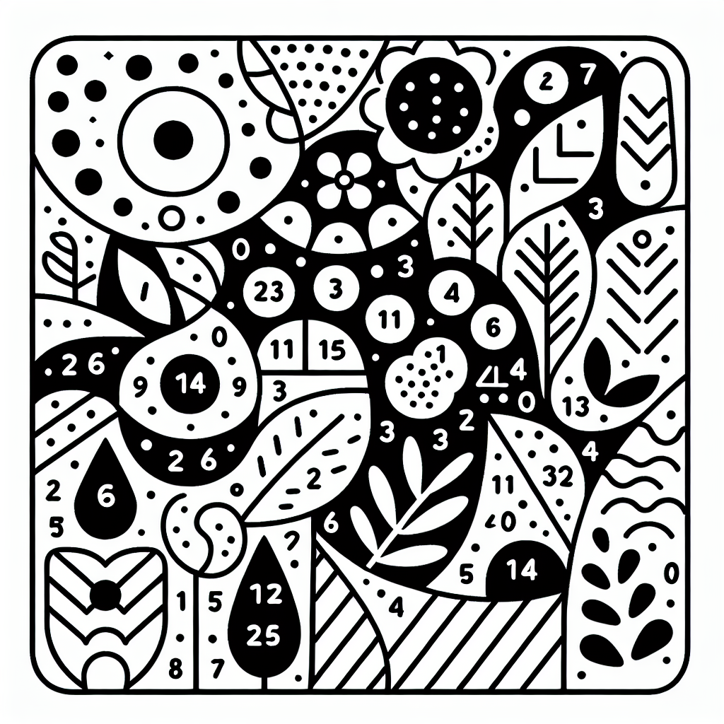 Create a simple and basic, black and white, color-by-number coloring page suitable for a 7-year-old child. This coloring page should include a variety of shapes and patterns to be filled in with colors. The numbers in the shapes should correspond to specific colors that the child can use to complete the picture. The design should be age-appropriate and encourage creativity.