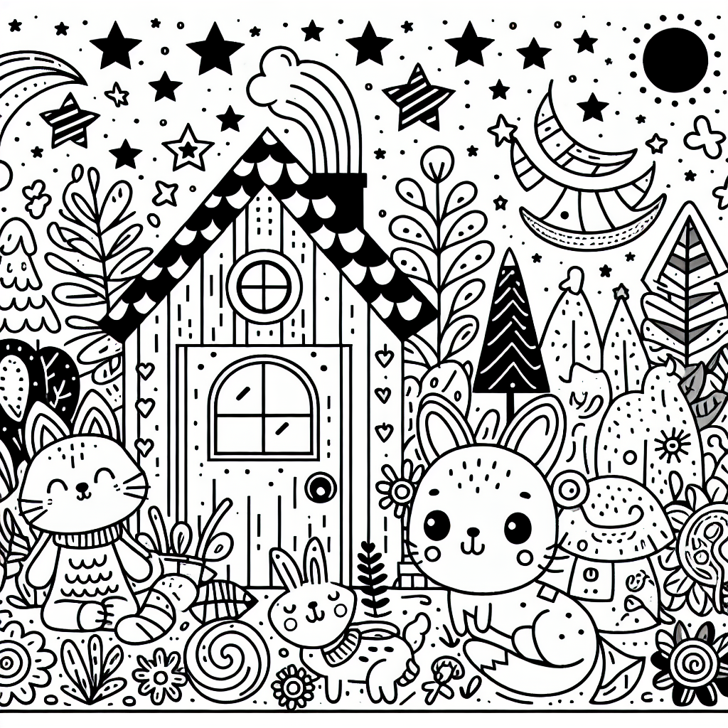 Generate a black and white coloring book page designed for a 7 year old. It should contain fun and engaging elements such as cheerful illustrations of animals, plants, houses and stars. Ensure that the scene is simple, containing well-defined areas for coloring. Remember to keep the image clean and minimalistic with bold outlines, perfect for a child's coloring activity.