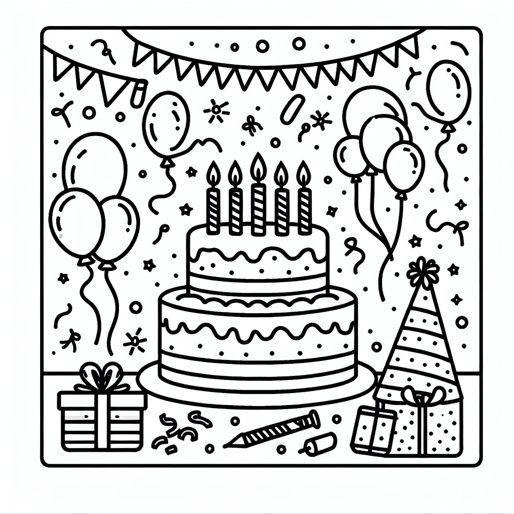 Create a simple black and white coloring page suitable for a child of age 7. The theme of the page is a celebration of a birthday. It should showcase key elements associated with birthdays such as a birthday cake with candles, balloons, confetti, and a birthday hat. Remember to keep the shapes and outlines simple to facilitate easy coloring for young children. This should have a style reminiscent of a children's coloring book page.