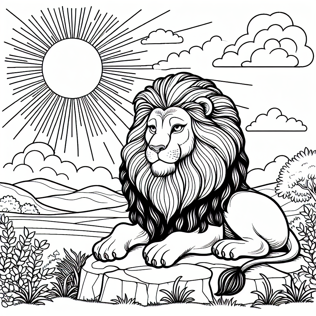 Create a coloring book page that's perfect for a 7-year-old. Make it black and white, and design it with a majestic lion sitting on a rocky hill under the radiant sun. The lion should have a regal mane, piercing eyes, and a commanding presence. Use delicate lines to provide spaces for the child to color. Avoid any copyrighted elements related to 'Lion King'. Make sure to add foreground elements like bushes and background elements like a vast savannah and a bright sky with the sun at its zenith.