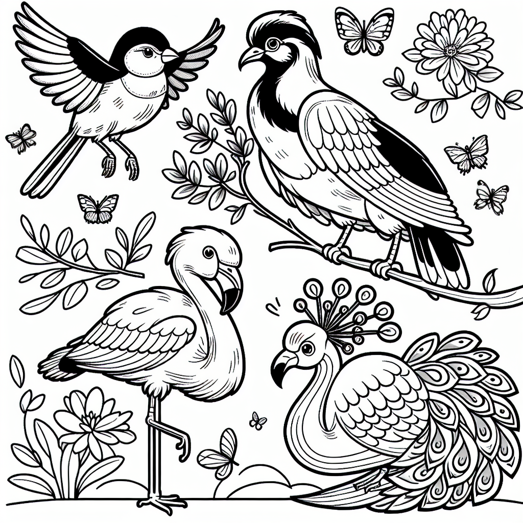 Design a black and white coloring book page suitable for a 7-year-old. This page should feature an engaging and kid-friendly scene with a variety of birds. Include different types of birds like a perky sparrow, a poised flamingo, a dazzling peacock and a mighty eagle. Ensure these birds are depicted in a simplistic yet appealing manner, encouraging creativity and fostering the child's interest in birds.