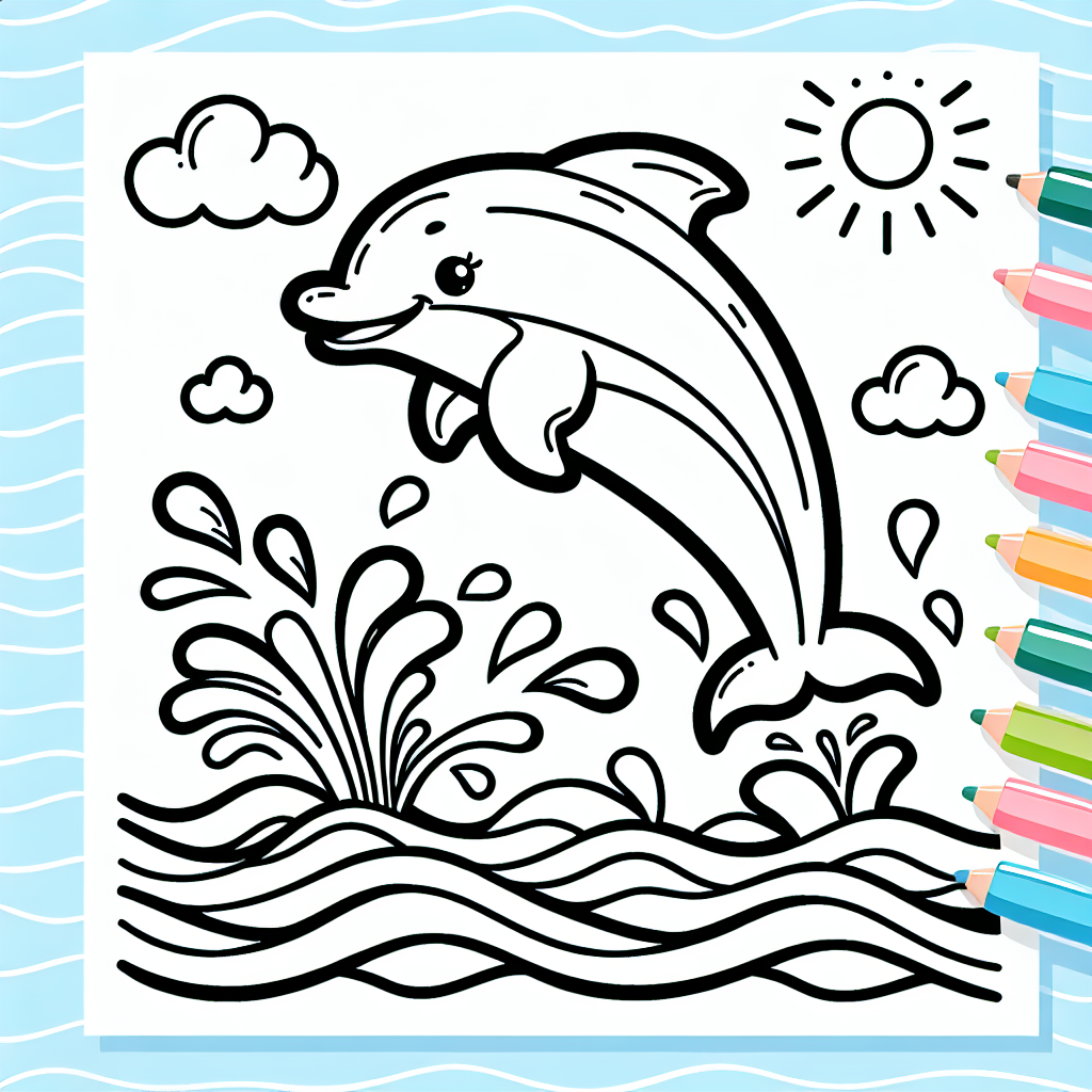 A simple black and white coloring book page designed for a 7-year-old. The primary subject of the page should be a playful and friendly dolphin, leaping out of the waves in a joyous display. Features of the dolphin should be distinctly outlined to provide clear areas for coloring. Apart from the dolphin, elements like the sea, clouds or a sun can be included in the background, all in outlines, to make the coloring experience more engaging and diverse.
