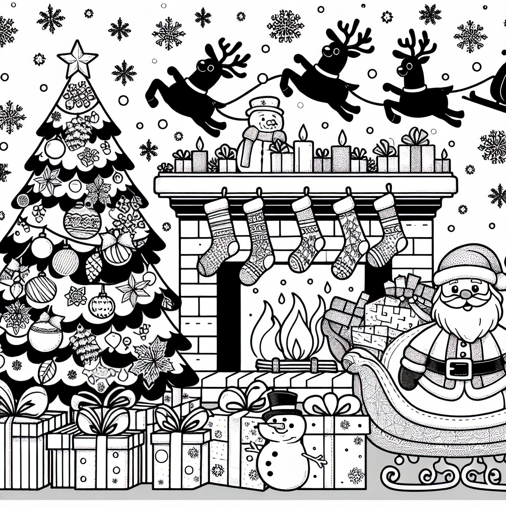 Generate a black and white basic coloring page designed for a 7-year-old. The subject of the page should capture a Christmas theme. This can include elements like a decorated tree, gifts under the tree, snowman, stockings by the fireplace, Santa Claus riding his sleigh full of presents, and magical reindeers.