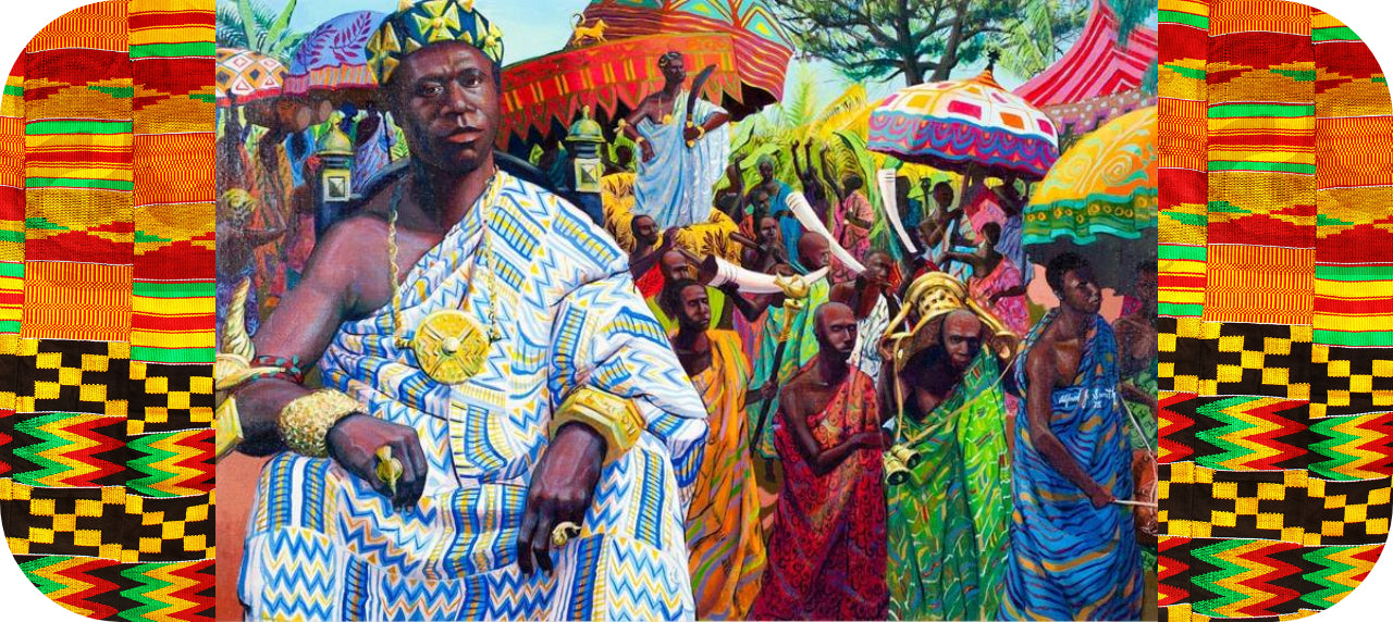 Osei Tutu, oprichter van het Ashanti-koninkrijk, draagt ​​kente