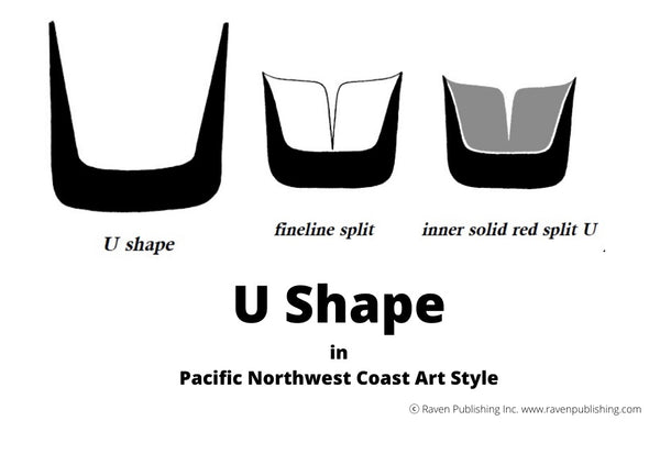 Pacific Northwest coast Native American art, U Shape, U Shape with fineline split, U Shape with inner solid red split U 